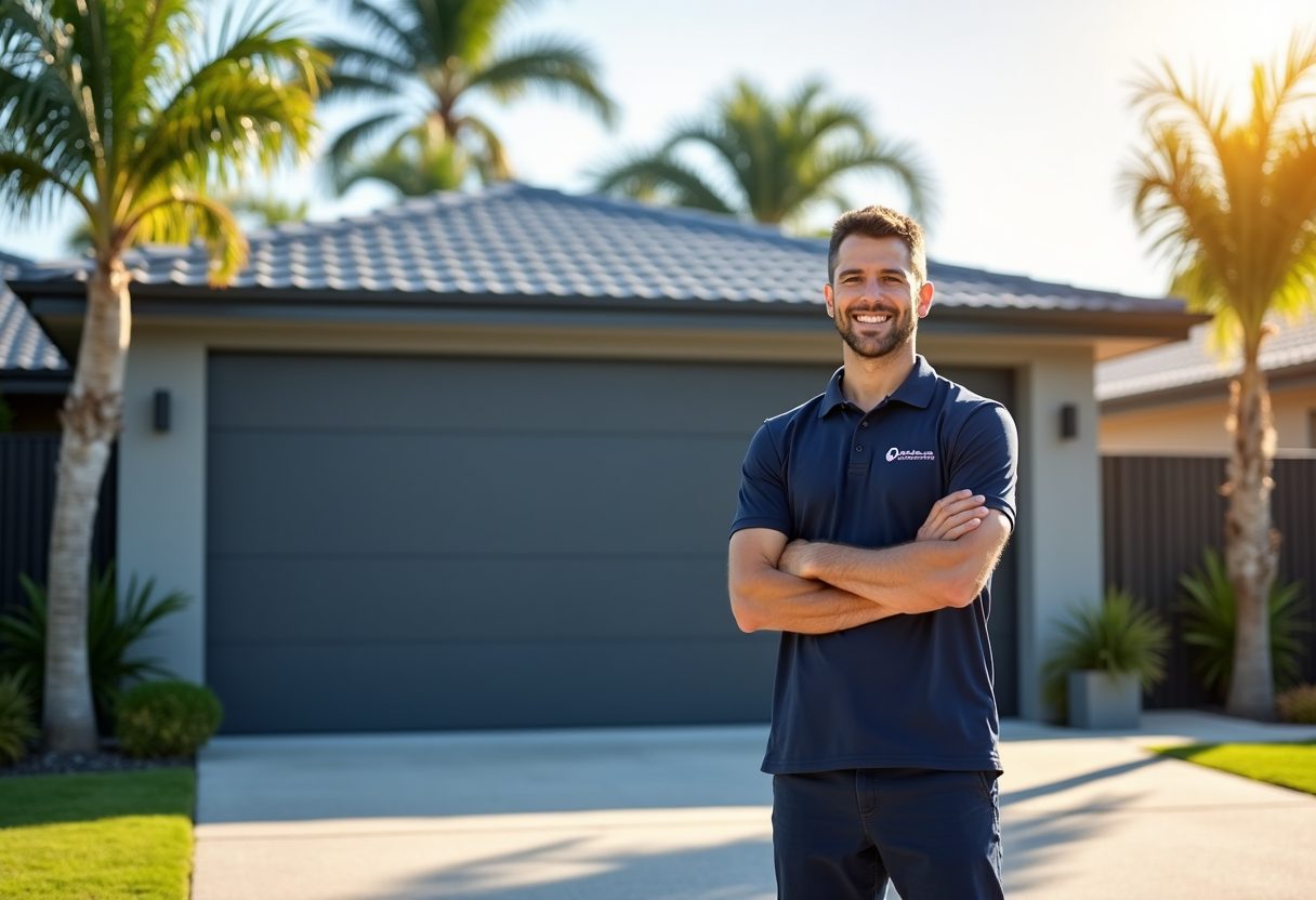 Technician beside a newly installed sectional garage door — Southport